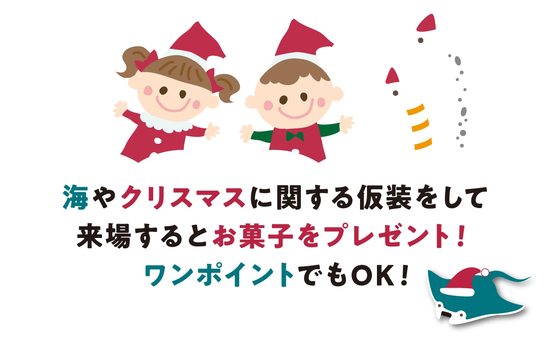 海やクリスマスに関する仮装をして来場するとお菓子をプレゼント！
ワンポイントでもOK!